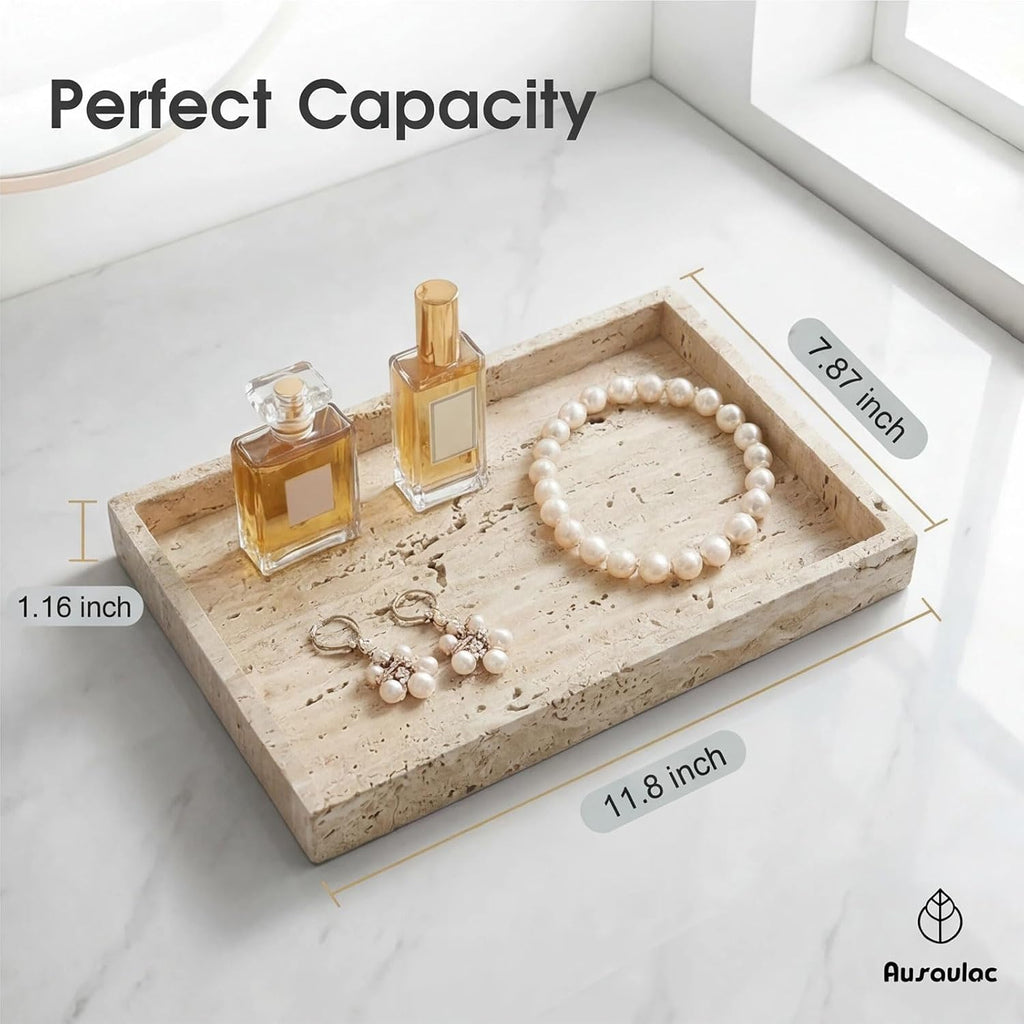 Natural Travertine Tray Heavyweight Stone Vanity Tray for Bathroom Countertop, Coffee Table & Dresser - Handcrafted Rectangular Organizer (Beige X, 12" x 8" x 1.2")