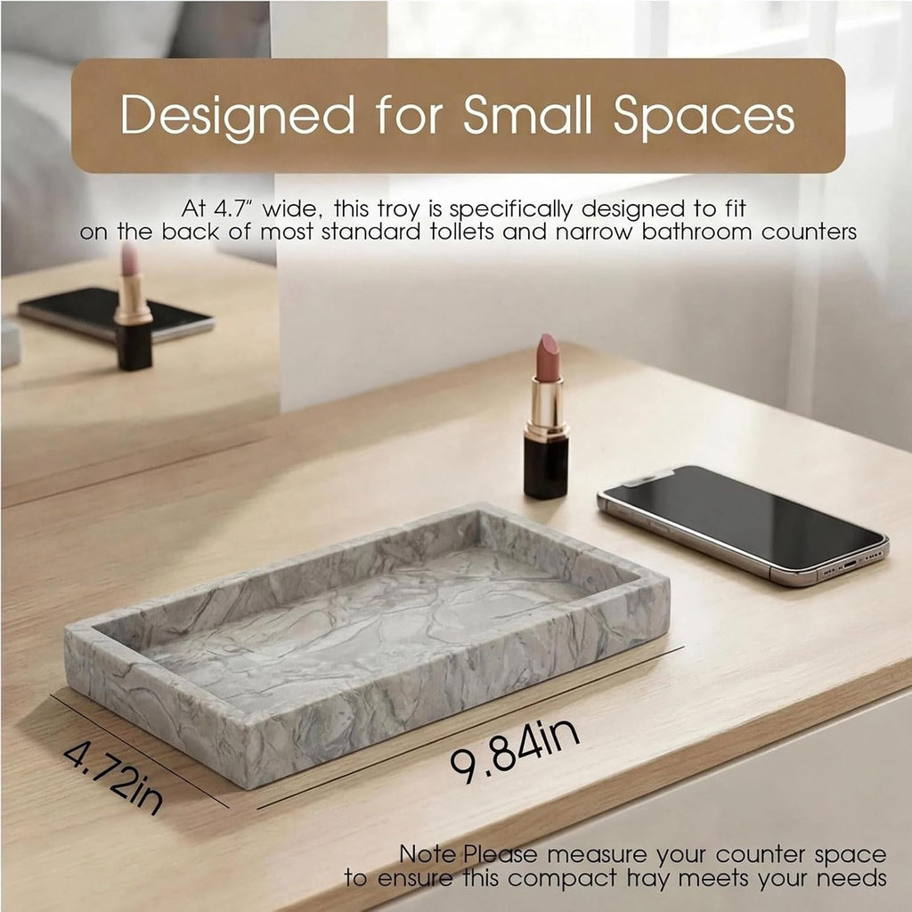 Natural Marble Tray Heavyweight Stone Vanity Tray for Bathroom Countertop, Coffee Table & Dresser - Handcrafted Rectangular Organizer (Gray, 9.84" x 4.72" x 1.18")