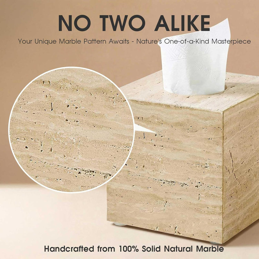 Natural Travertine Tissue Box Cover - Square Facial Tissue Holder for Bathroom Vanity, Living Room & Office - Heavyweight Stone Cover fits Standard Cube Boxes, 5.5x5.5in (Beige)