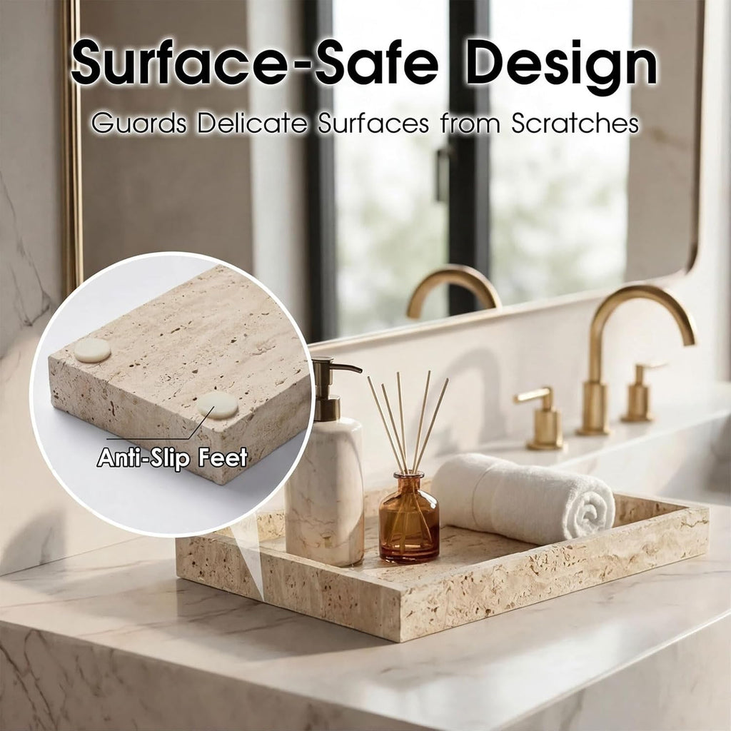 Natural Travertine Tray Heavyweight Stone Vanity Tray for Bathroom Countertop, Coffee Table & Dresser - Handcrafted Rectangular Organizer (Beige X, 12" x 8" x 1.2")