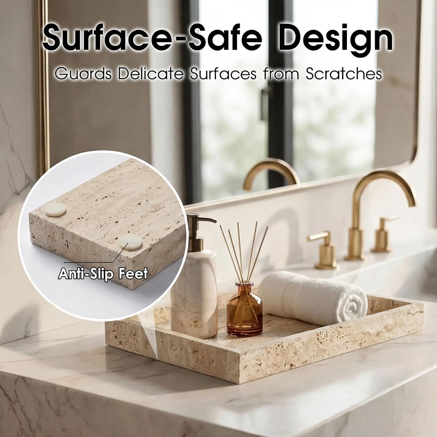 Natural Travertine Tray Heavyweight Stone Vanity Tray for Bathroom Countertop, Coffee Table & Dresser - Handcrafted Rectangular Organizer (Beige X, 12" x 8" x 1.2")