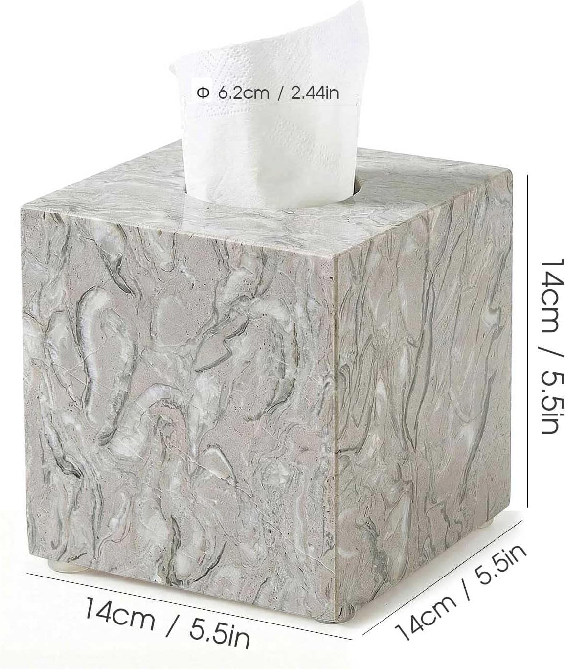 Natural Marble Tissue Box Cover - Square Facial Tissue Holder for Bathroom Vanity, Living Room & Office - Heavyweight Stone Cover fits Standard Cube Boxes, 5.5x5.5in (Gray)