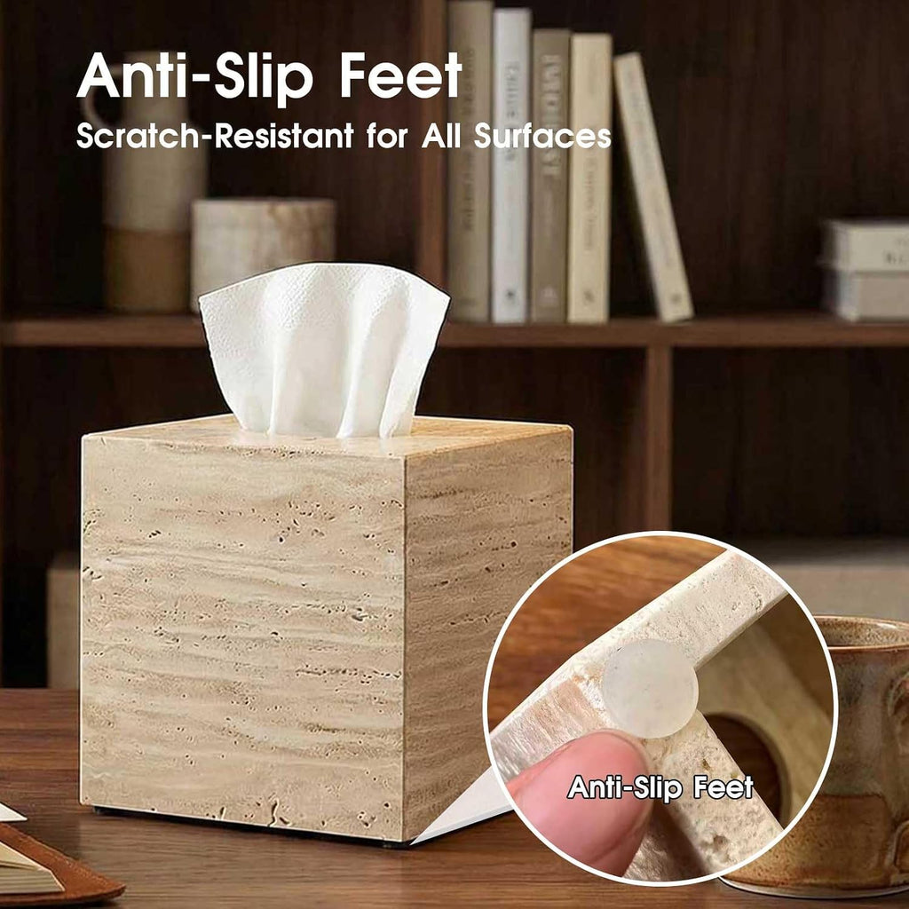 Natural Travertine Tissue Box Cover - Square Facial Tissue Holder for Bathroom Vanity, Living Room & Office - Heavyweight Stone Cover fits Standard Cube Boxes, 5.5x5.5in (Beige)
