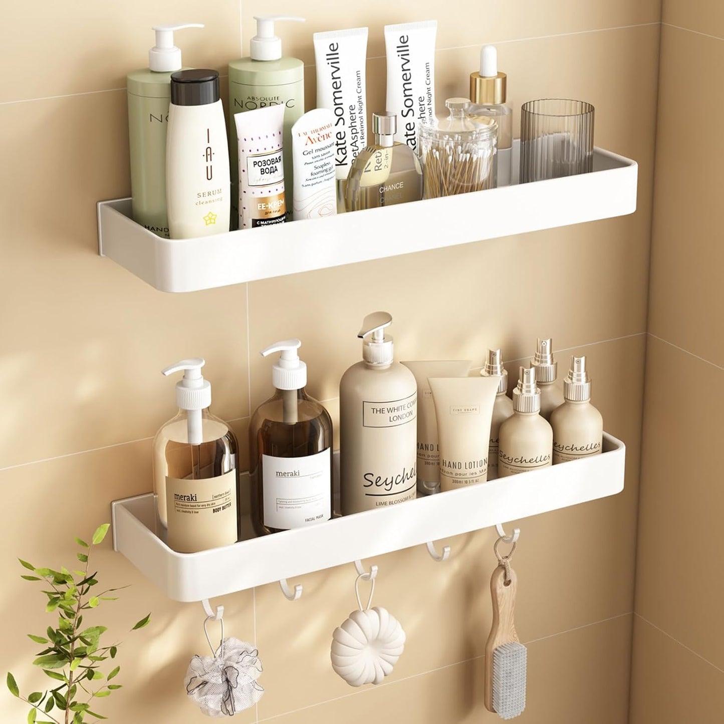 Shower Caddy, Max Size 15.7 Inches,Won't Fall Off Shower Organizer, Rustproof Shower Shelves with Ultra Large Capacity, No Drill Shower Shelf with 5 Movable Hooks (Morden White 2 layer)