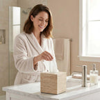 Natural Travertine Tissue Box Cover - Square Facial Tissue Holder for Bathroom Vanity, Living Room & Office - Heavyweight Stone Cover fits Standard Cube Boxes, 5.5x5.5in (Beige)