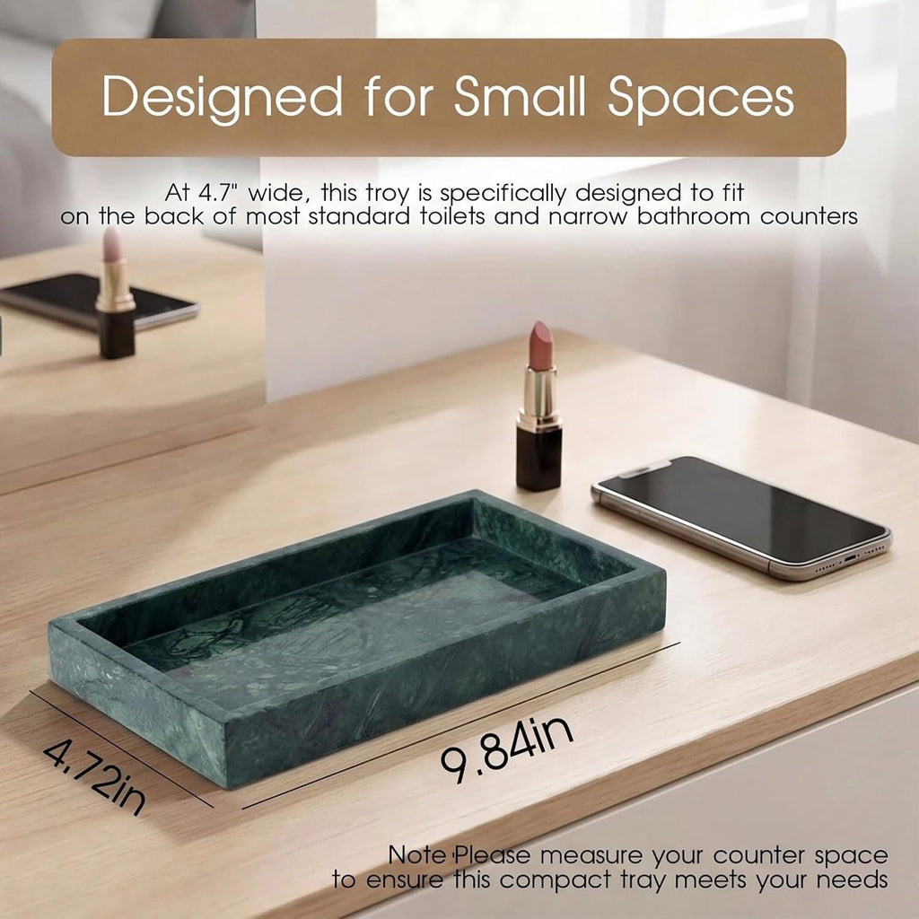 Natural Marble Tray Heavyweight Stone Vanity Tray for Bathroom Countertop, Coffee Table & Dresser - Handcrafted Rectangular Organizer (Green, 9.84" x 4.72" x 1.18")
