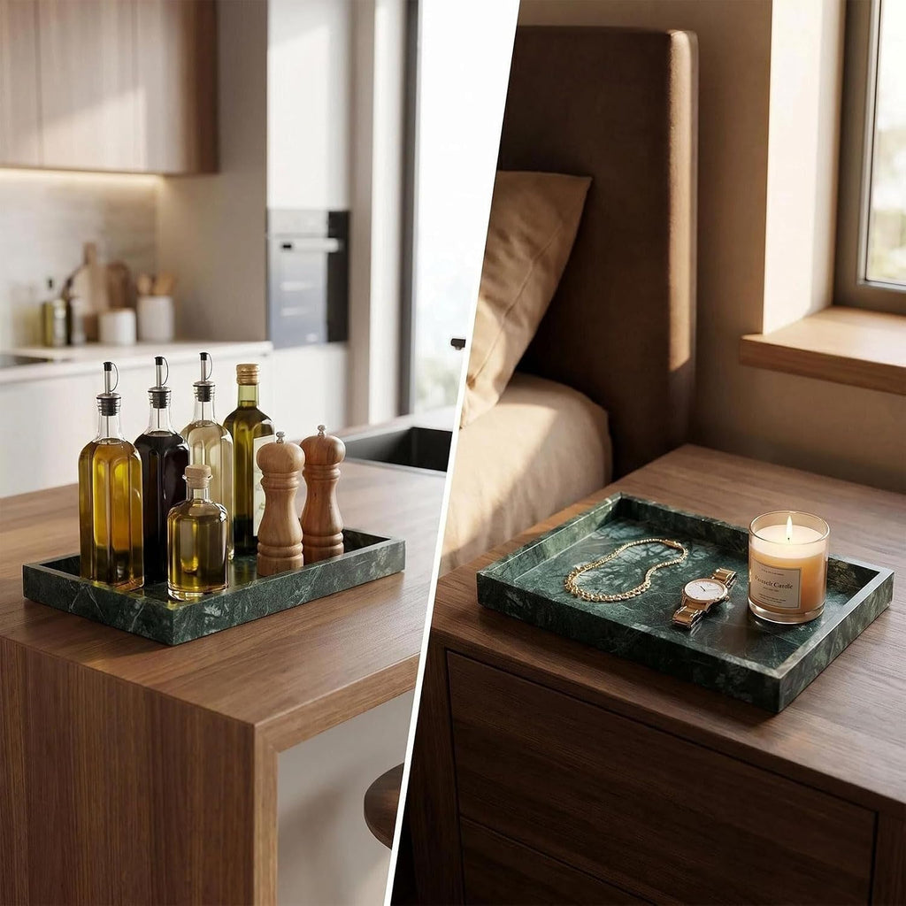 Natural Marble Tray Heavyweight Stone Vanity Tray for Bathroom Countertop, Coffee Table & Dresser - Handcrafted Rectangular Organizer (Green X, 12" x 8" x 1.2")