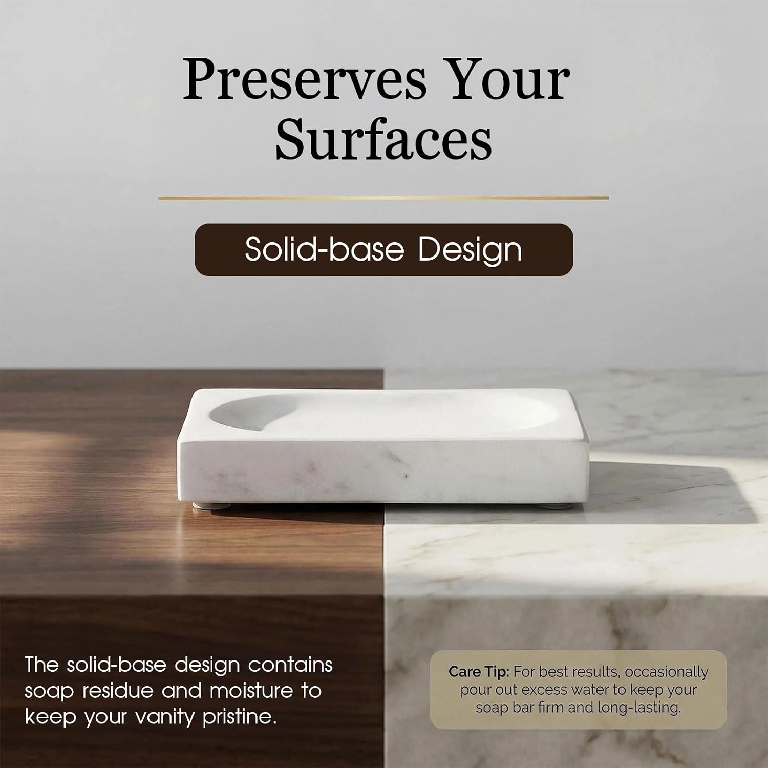 Natural Marble Soap Dish - 1.1lb Heavyweight Solid Base Soap Holder for Bathroom Vanity & Kitchen Sink - Non-Slip Handcrafted Stone Tray Shields Countertop Surfaces (White)
