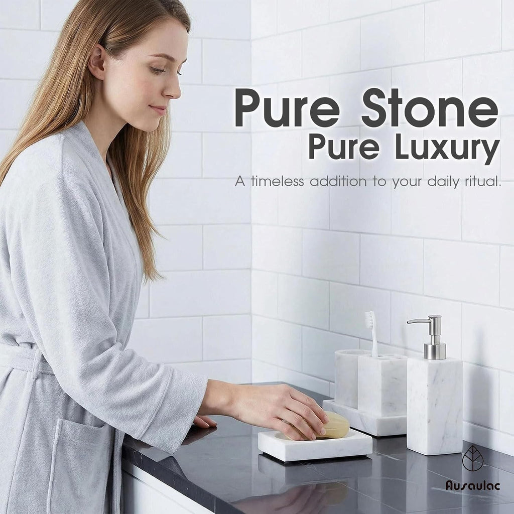 Natural Marble Soap Dish - 1.1lb Heavyweight Solid Base Soap Holder for Bathroom Vanity & Kitchen Sink - Non-Slip Handcrafted Stone Tray Shields Countertop Surfaces (White)