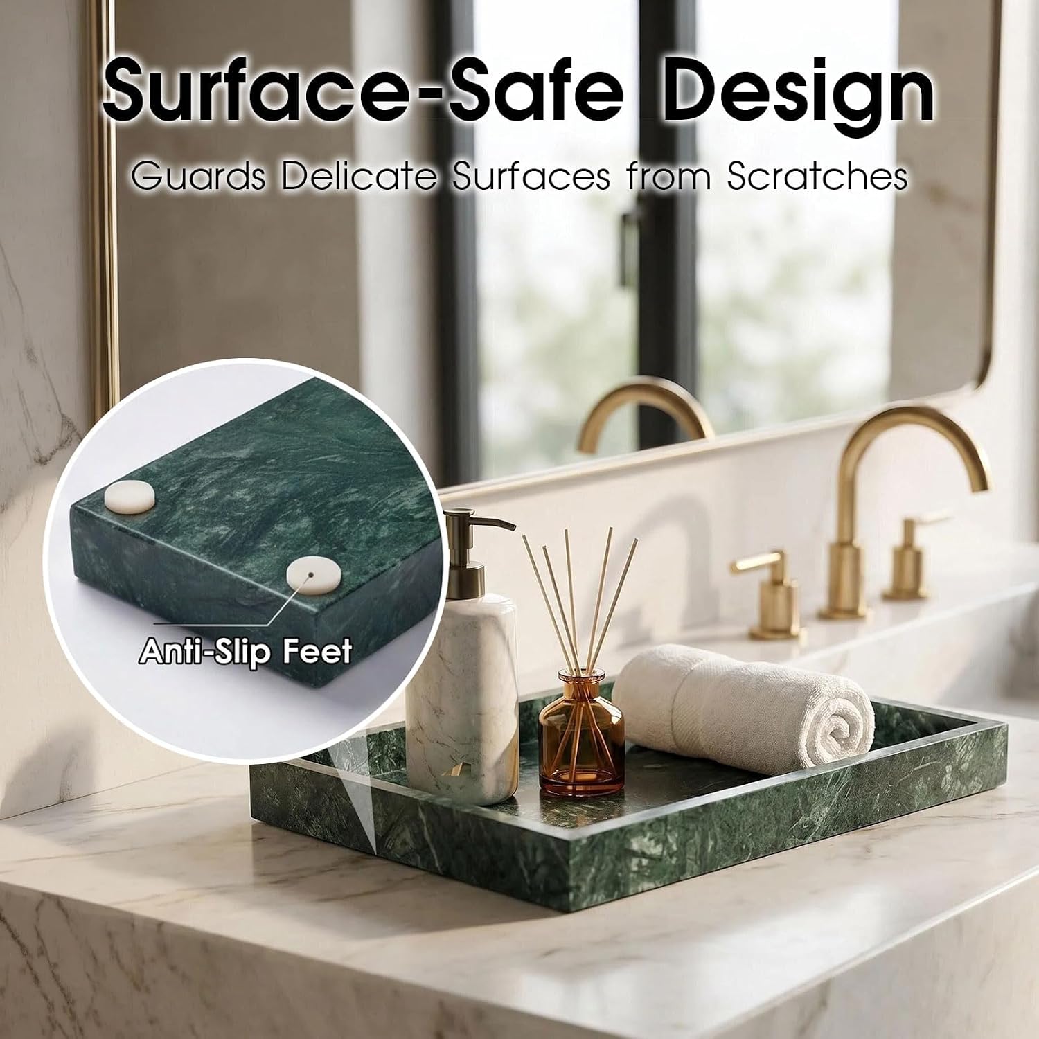 Natural Marble Tray Heavyweight Stone Vanity Tray for Bathroom Countertop, Coffee Table & Dresser - Handcrafted Rectangular Organizer (Green X, 12" x 8" x 1.2")