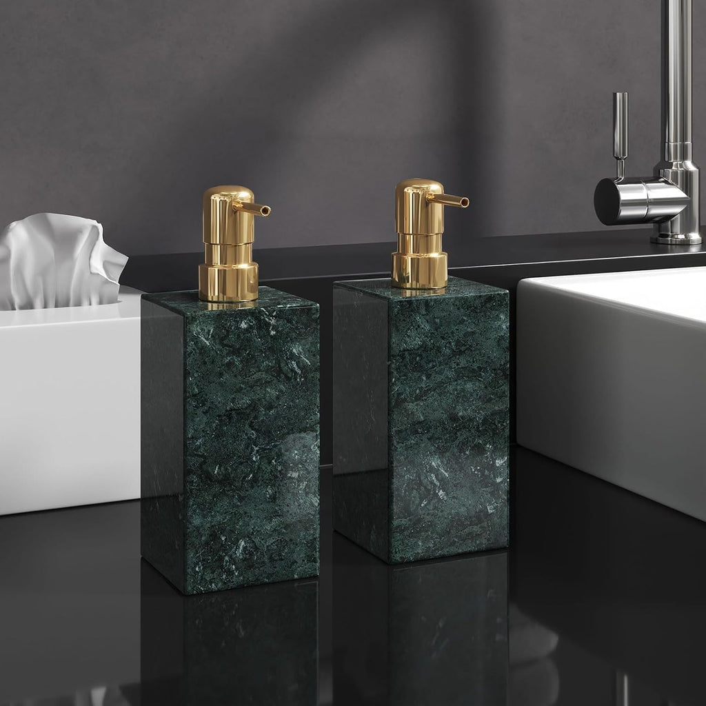 2 Set Real Natural Marble Soap Dispenser with Stainless Steel Pump – Decorative Liquid Hand Soap Bottle for Kitchen & Bathroom, Compatible with Lotion, Dish Soap & Shower Gel (Green)