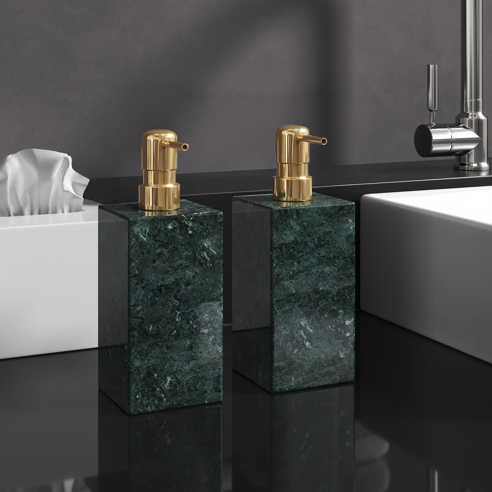 2 Pack Real Natural Marble Soap Dispenser with Stainless Steel Pump Decorative Liquid Hand Soap Bottle for Kitchen Bathroom, Compatible with Lotion, Dish Soap Shower Gel (White 2 Set)