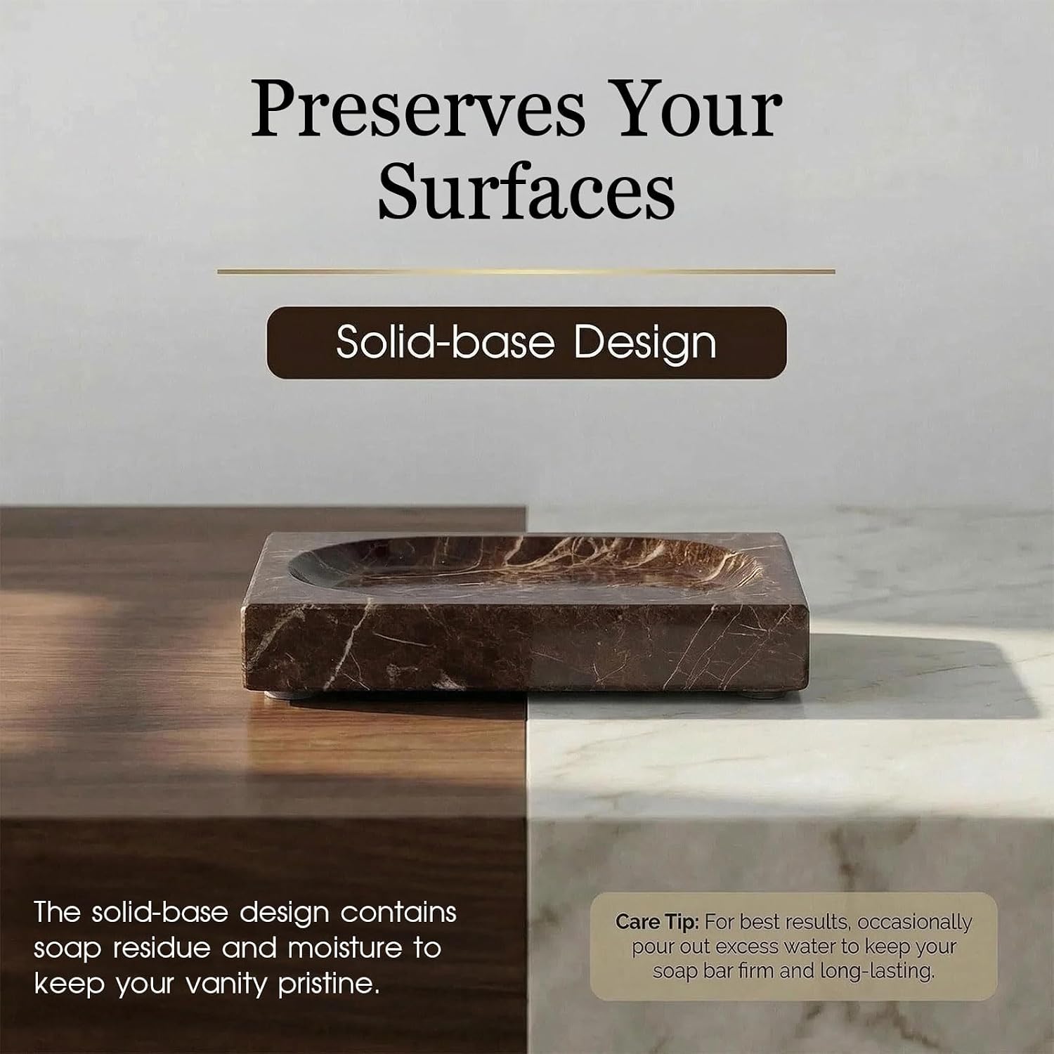 Natural Marble Soap Dish - 1.1lb Heavyweight Solid Base Soap Holder for Bathroom Vanity & Kitchen Sink - Non-Slip Handcrafted Stone Tray Shields Countertop Surfaces (Coffee)