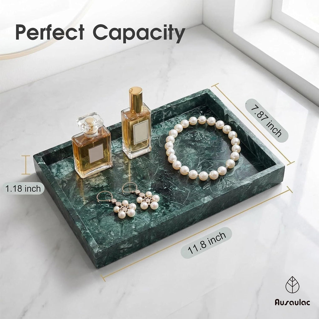 Natural Marble Tray Heavyweight Stone Vanity Tray for Bathroom Countertop, Coffee Table & Dresser - Handcrafted Rectangular Organizer (Green X, 12" x 8" x 1.2")