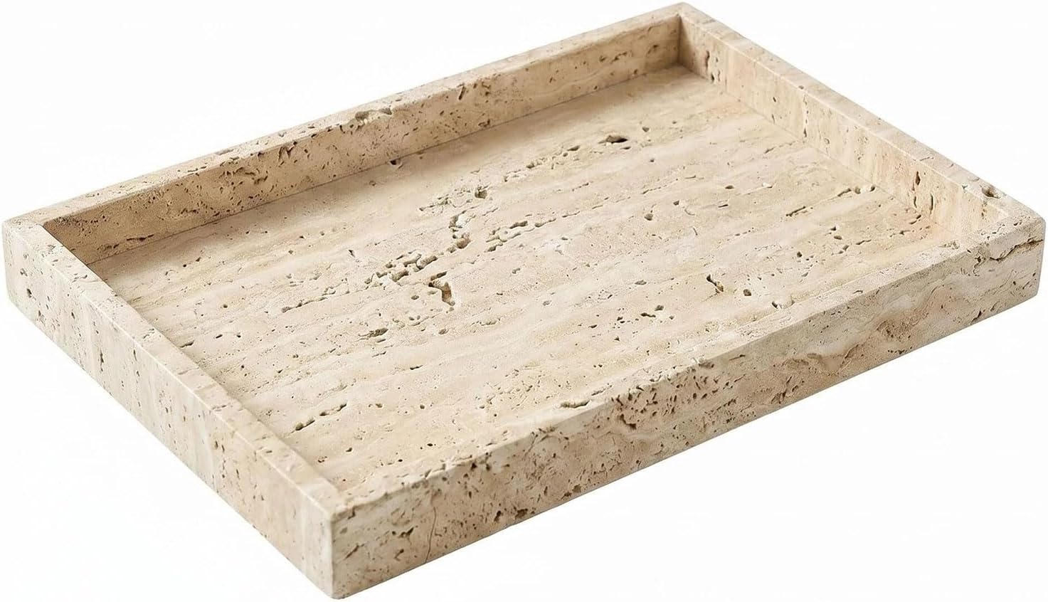 Natural Travertine Tray Heavyweight Stone Vanity Tray for Bathroom Countertop, Coffee Table & Dresser - Handcrafted Rectangular Organizer (Beige X, 12" x 8" x 1.2")