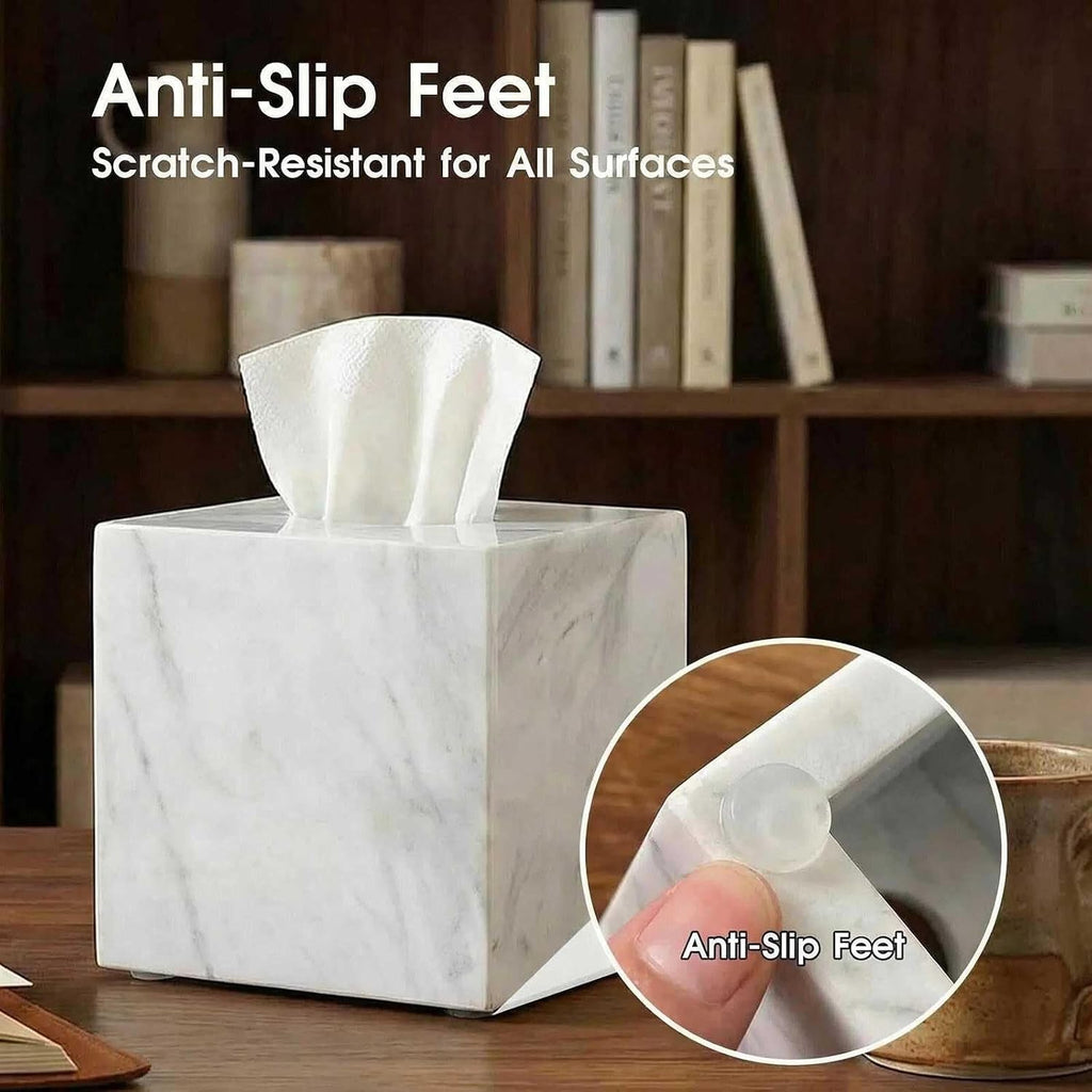 Natural Marble Tissue Box Cover - Square Facial Tissue Holder for Bathroom Vanity, Living Room & Office - Heavyweight Stone Cover fits Standard Cube Boxes, 5.5x5.5in (White)