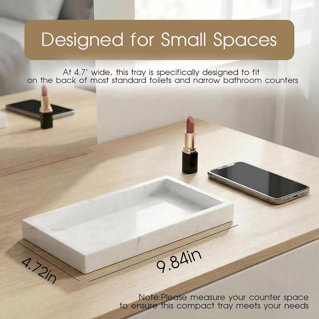 Natural Marble Tray Heavyweight Stone Vanity Tray for Bathroom Countertop, Coffee Table & Dresser - Handcrafted Rectangular Organizer (White, 9.84" x 4.72" x 1.18")