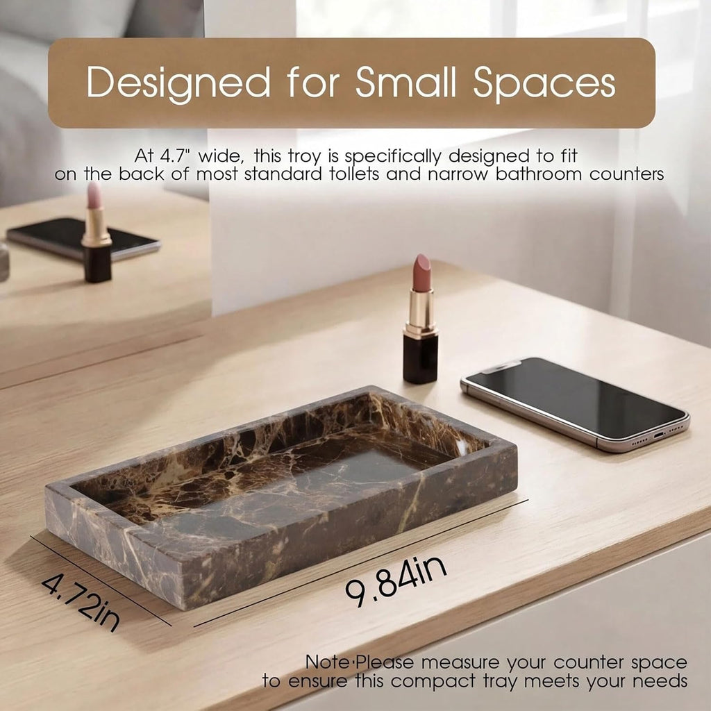 Natural Marble Tray Heavyweight Stone Vanity Tray for Bathroom Countertop, Coffee Table & Dresser - Handcrafted Rectangular Organizer (Coffee, 9.84" x 4.72" x 1.18")