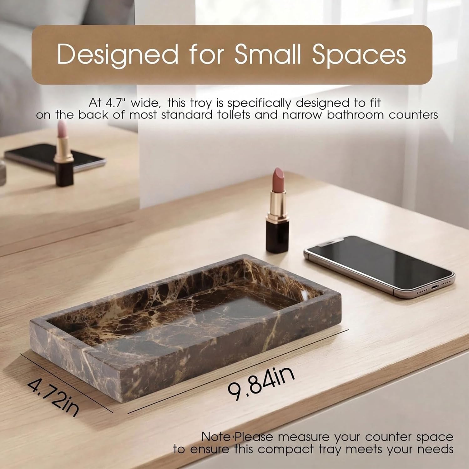 Natural Marble Tray Heavyweight Stone Vanity Tray for Bathroom Countertop, Coffee Table & Dresser - Handcrafted Rectangular Organizer (Coffee, 9.84" x 4.72" x 1.18")