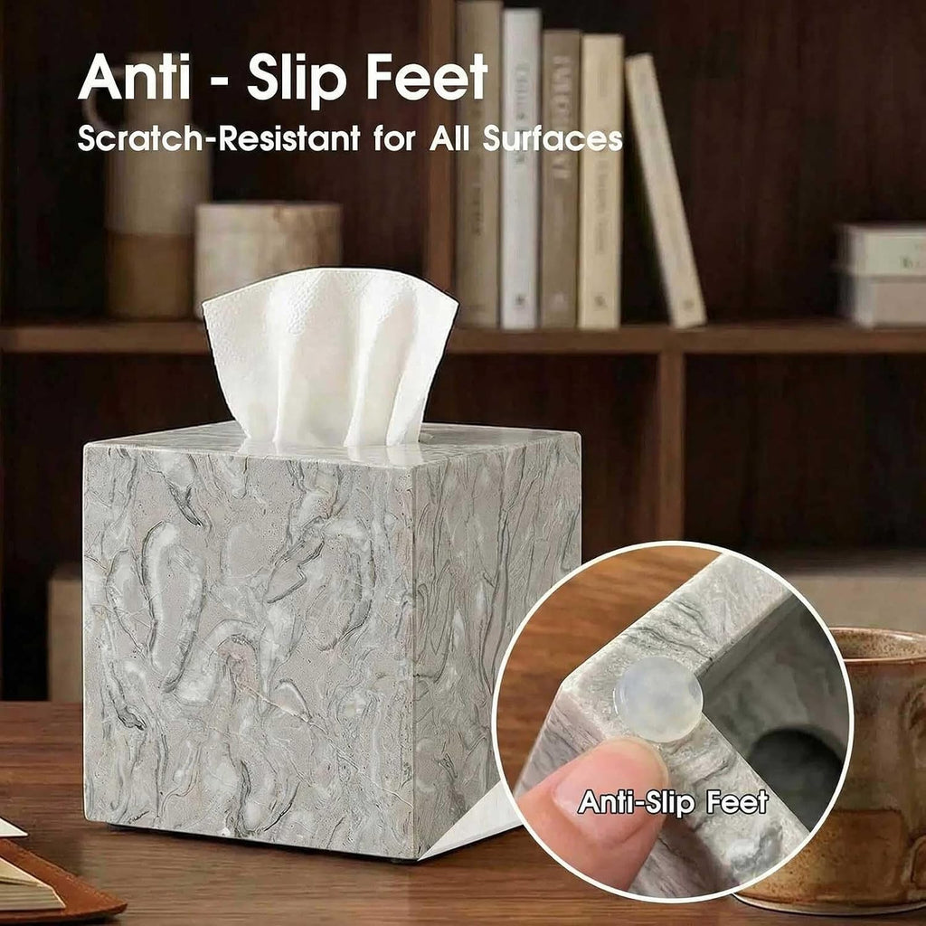 Natural Marble Tissue Box Cover - Square Facial Tissue Holder for Bathroom Vanity, Living Room & Office - Heavyweight Stone Cover fits Standard Cube Boxes, 5.5x5.5in (Gray)