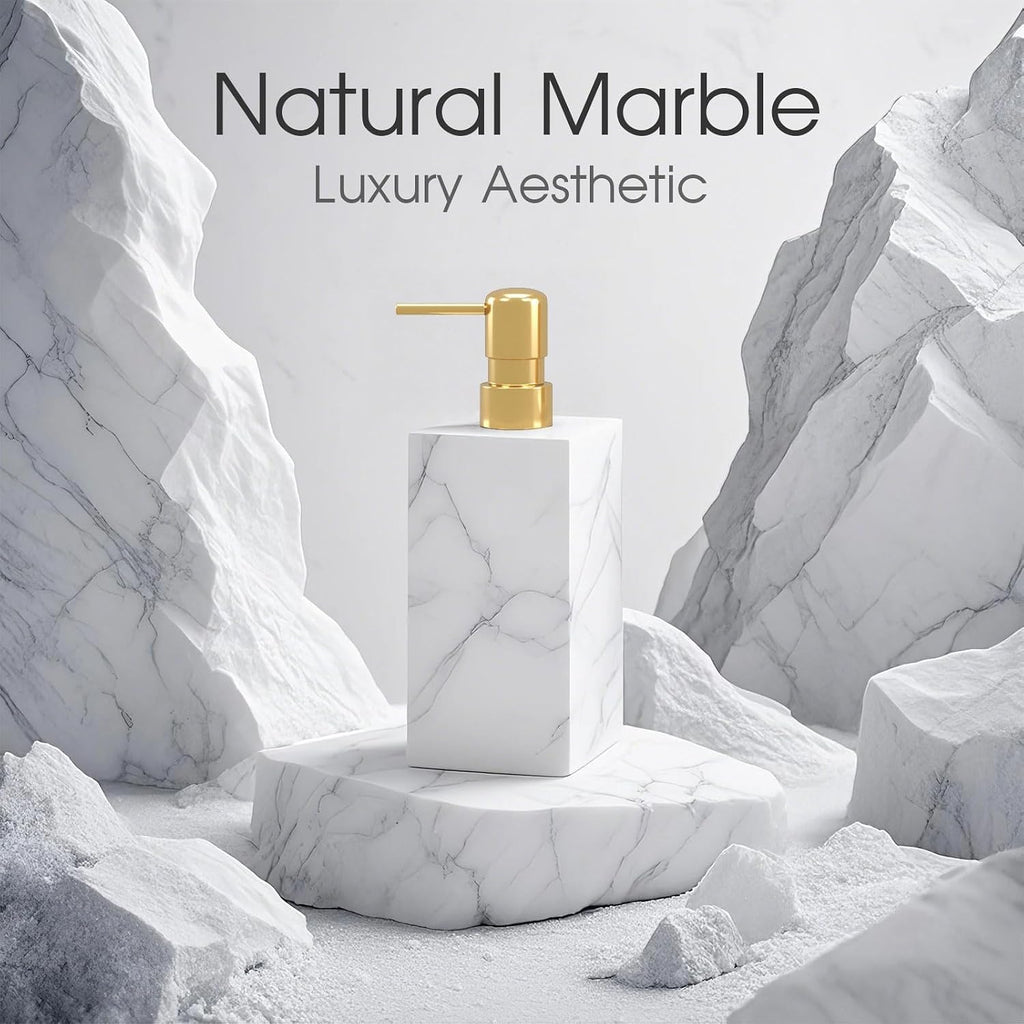 AUSAULAC Real Natural Marble Soap Dispenser with Stainless Steel Pump Decorative Liquid Hand Soap Bottle for Kitchen Bathroom, Compatible with Lotion, Dish Soap Shower Gel (White 1 Set)