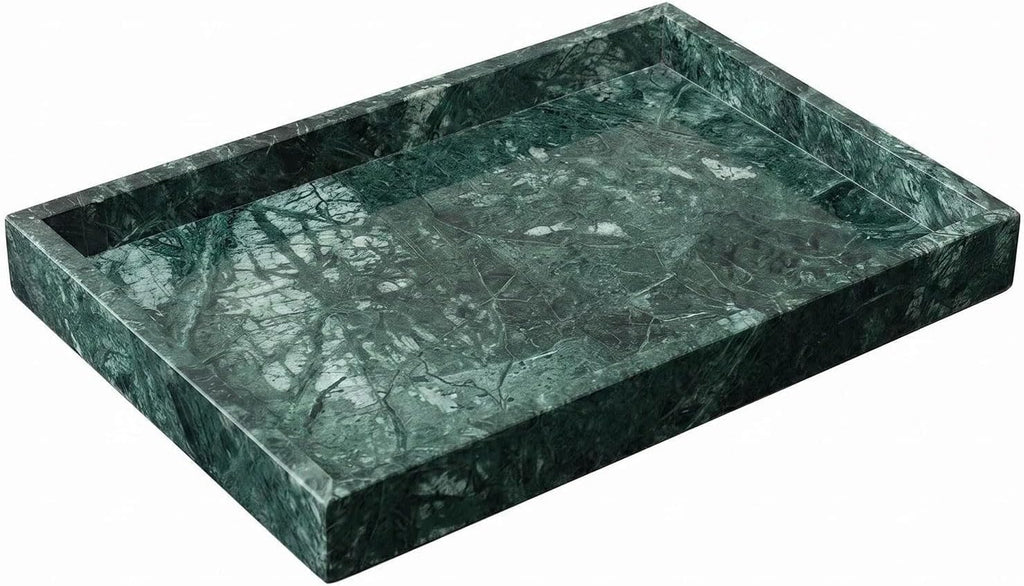 Natural Marble Tray Heavyweight Stone Vanity Tray for Bathroom Countertop, Coffee Table & Dresser - Handcrafted Rectangular Organizer (Green X, 12" x 8" x 1.2")