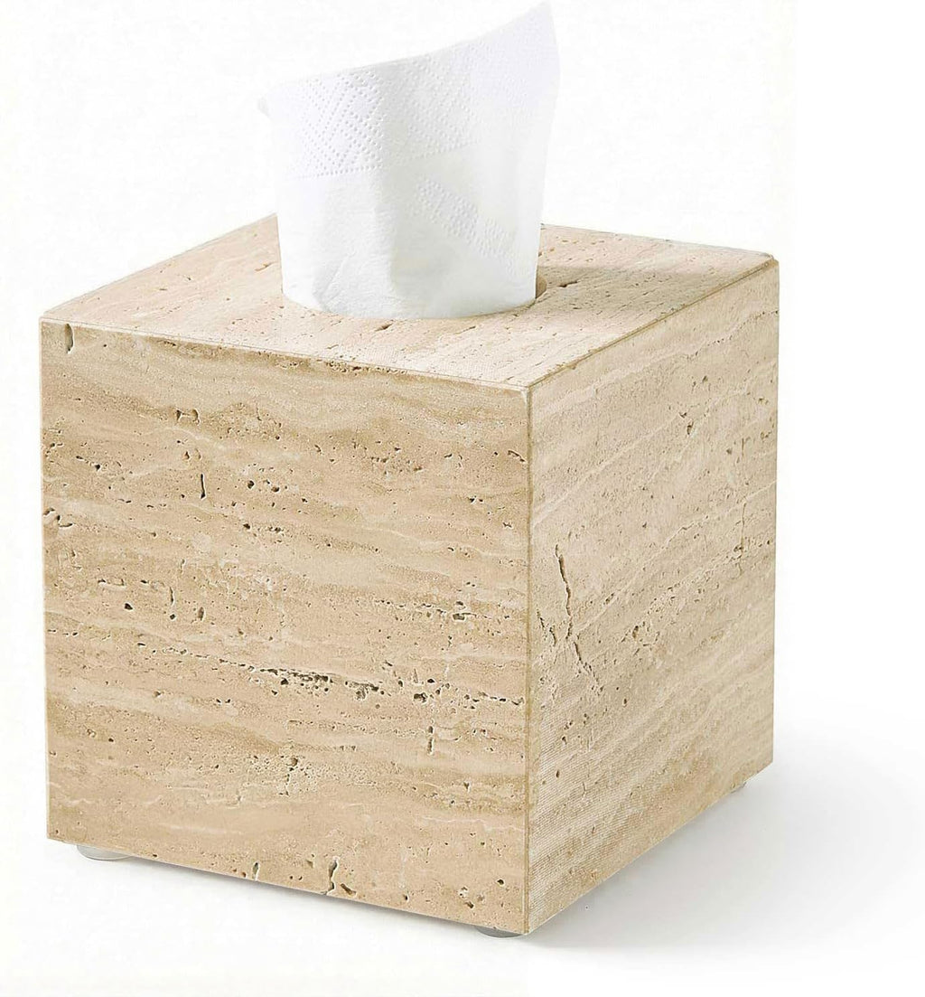 Natural Travertine Tissue Box Cover - Square Facial Tissue Holder for Bathroom Vanity, Living Room & Office - Heavyweight Stone Cover fits Standard Cube Boxes, 5.5x5.5in (Beige)