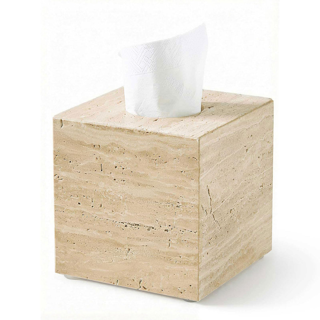 Natural Travertine Tissue Box Cover - Square Facial Tissue Holder for Bathroom Vanity, Living Room & Office - Heavyweight Stone Cover fits Standard Cube Boxes, 5.5x5.5in (Beige)