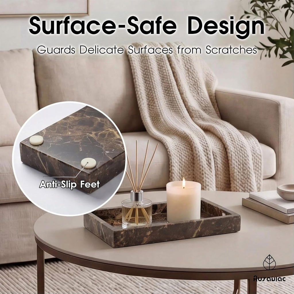 Natural Marble Tray Heavyweight Stone Vanity Tray for Bathroom Countertop, Coffee Table & Dresser - Handcrafted Rectangular Organizer (Coffee, 9.84" x 4.72" x 1.18")
