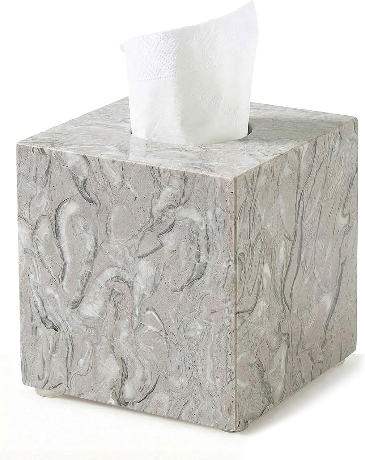 Natural Marble Tissue Box Cover - Square Facial Tissue Holder for Bathroom Vanity, Living Room & Office - Heavyweight Stone Cover fits Standard Cube Boxes, 5.5x5.5in (Gray)