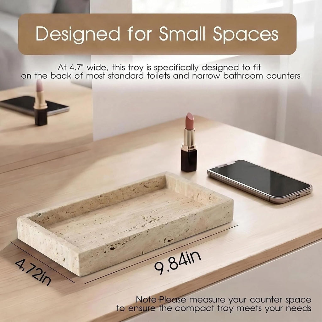 Natural Travertine Tray Heavyweight Stone Vanity Tray for Bathroom Countertop, Coffee Table & Dresser - Handcrafted Rectangular Organizer(Beige Travertine, 9.84" x 4.72" x 1.18")