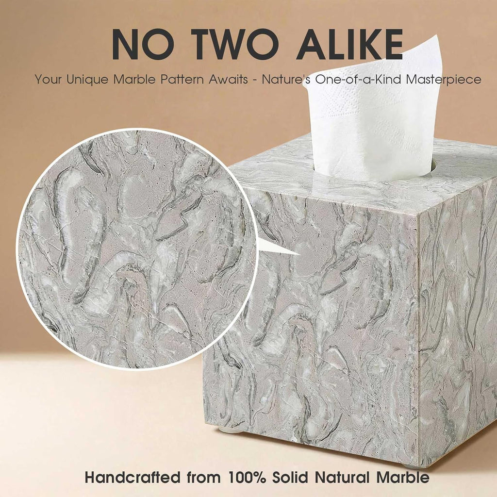 Natural Marble Tissue Box Cover - Square Facial Tissue Holder for Bathroom Vanity, Living Room & Office - Heavyweight Stone Cover fits Standard Cube Boxes, 5.5x5.5in (Gray)