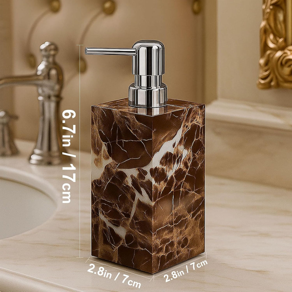 2 Pack Real Natural Marble Soap Dispenser with Stainless Steel Pump Decorative Liquid Hand Soap Bottle for Kitchen Bathroom, Compatible with Lotion, Dish Soap Shower Gel (Brown 2 Set)