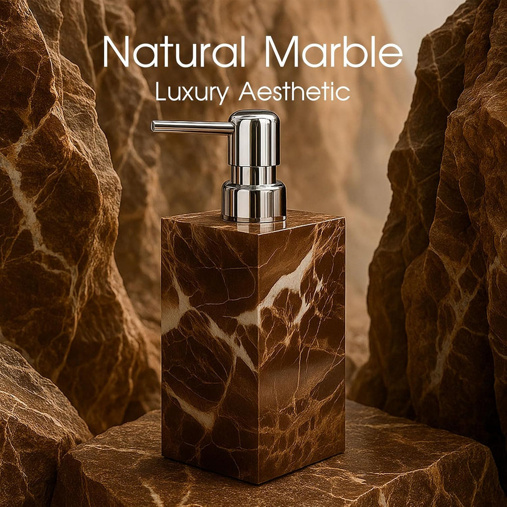 2 Pack Real Natural Marble Soap Dispenser with Stainless Steel Pump Decorative Liquid Hand Soap Bottle for Kitchen Bathroom, Compatible with Lotion, Dish Soap Shower Gel (Brown 2 Set)