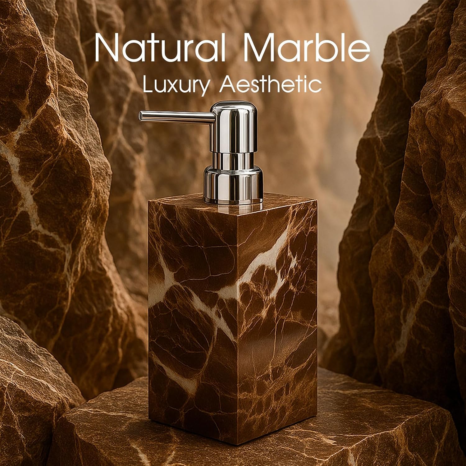 2 Pack Real Natural Marble Soap Dispenser with Stainless Steel Pump Decorative Liquid Hand Soap Bottle for Kitchen Bathroom, Compatible with Lotion, Dish Soap Shower Gel (Brown 2 Set)