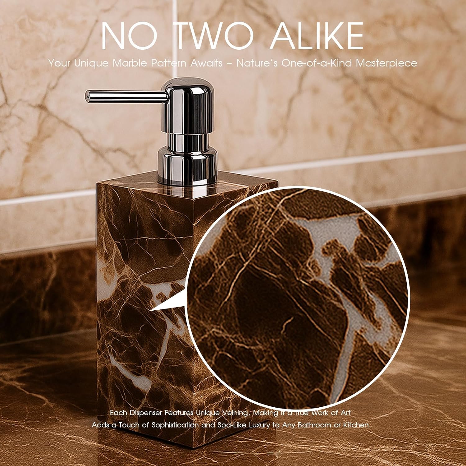 2 Pack Real Natural Marble Soap Dispenser with Stainless Steel Pump Decorative Liquid Hand Soap Bottle for Kitchen Bathroom, Compatible with Lotion, Dish Soap Shower Gel (Brown 2 Set)
