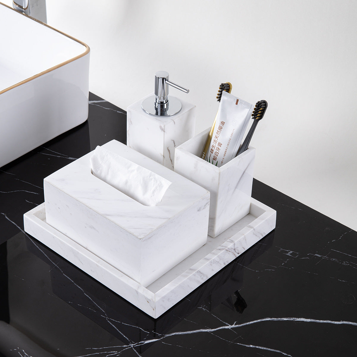 AUSAULAC Luxury Marble Bathroom Set - Soap Dispenser, Tissue Box & Tray | Light Luxury Hotel Style