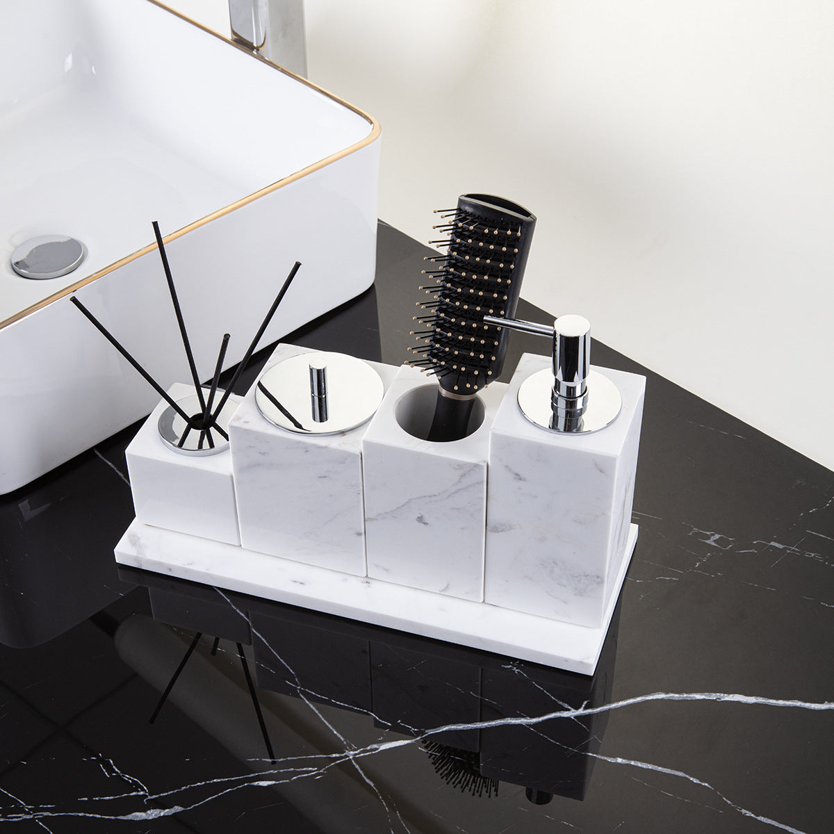 AUSAULAC Luxury Marble Bathroom Set - Soap Dispenser, Tissue Box & Tray | Light Luxury Hotel Style