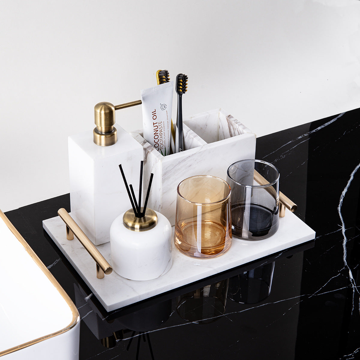 AUSAULAC Luxury Marble Bathroom Set - Soap Dispenser, Tissue Box & Tray | Light Luxury Hotel Style