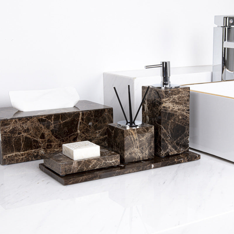AUSAULAC Luxury Marble Bathroom Set - Soap Dispenser, Tissue Box & Tray | Light Luxury Hotel Style Dark Brown