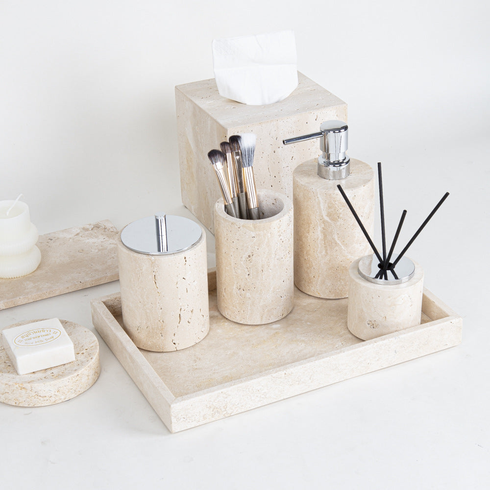AUSAULAC Luxury Natural Travertine  Bathroom Set - Soap Dispenser, Tissue Box & Tray | Light Luxury Hotel Style