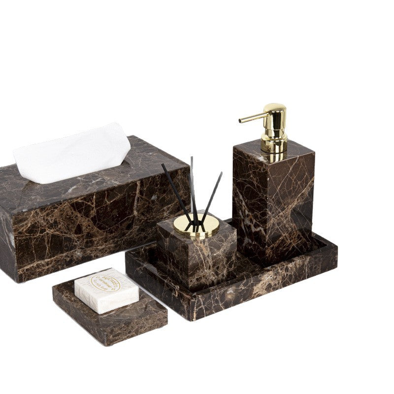 AUSAULAC Luxury Marble Bathroom Set - Soap Dispenser, Tissue Box & Tray | Light Luxury Hotel Style Dark Brown