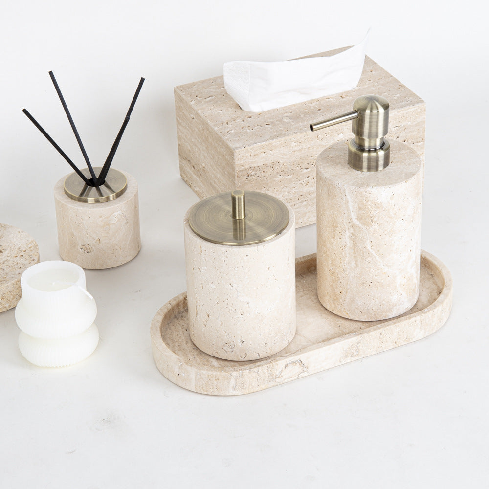 AUSAULAC Luxury Natural Travertine  Bathroom Set - Soap Dispenser, Tissue Box & Tray | Light Luxury Hotel Style
