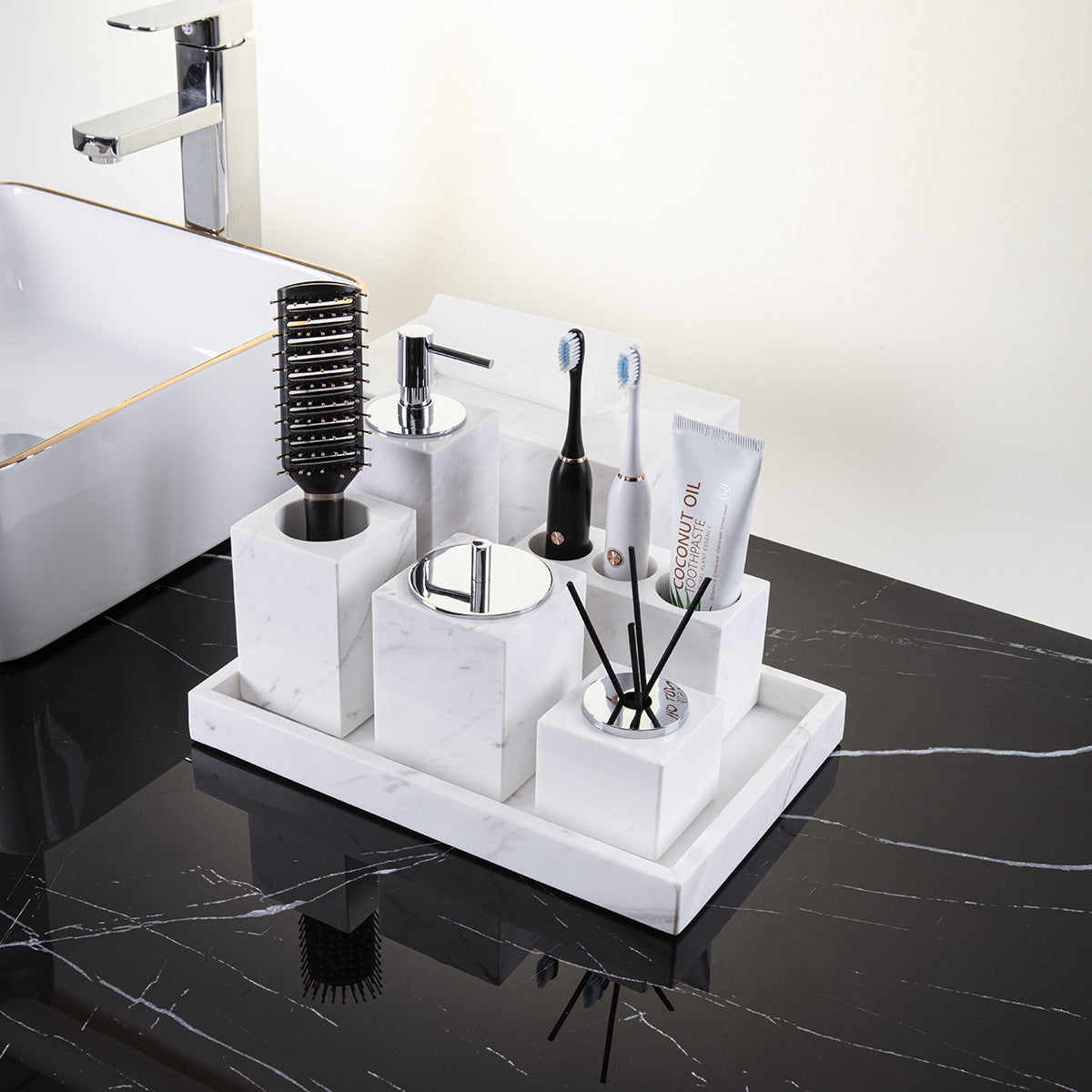 AUSAULAC Luxury Marble Bathroom Set - Soap Dispenser, Tissue Box & Tray | Light Luxury Hotel Style