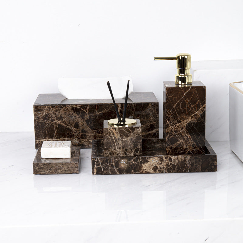 AUSAULAC Luxury Marble Bathroom Set - Soap Dispenser, Tissue Box & Tray | Light Luxury Hotel Style Dark Brown