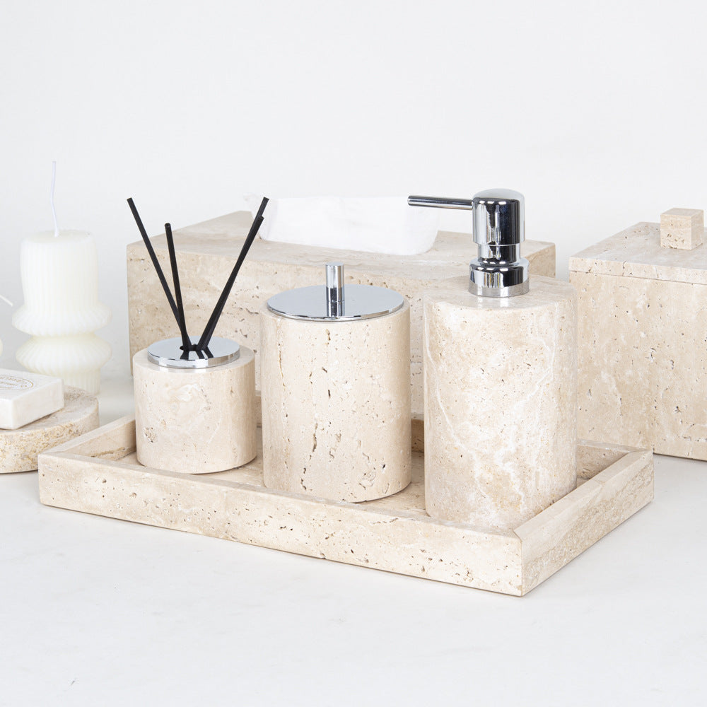AUSAULAC Luxury Natural Travertine  Bathroom Set - Soap Dispenser, Tissue Box & Tray | Light Luxury Hotel Style