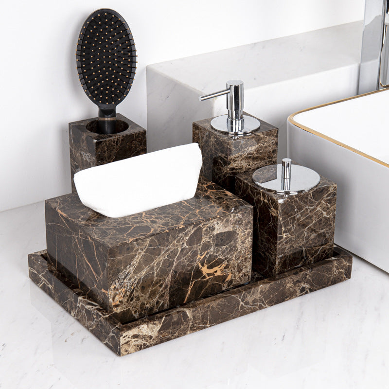 AUSAULAC Luxury Marble Bathroom Set - Soap Dispenser, Tissue Box & Tray | Light Luxury Hotel Style Dark Brown