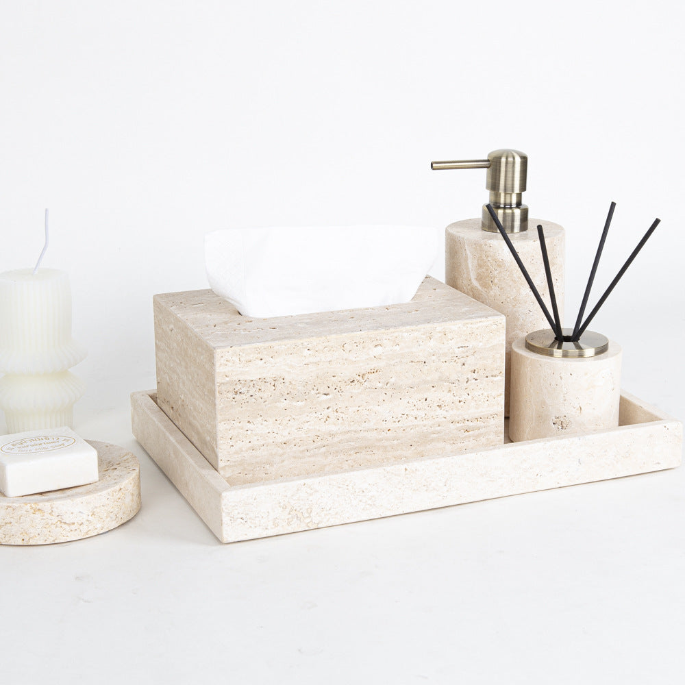 AUSAULAC Luxury Natural Travertine  Bathroom Set - Soap Dispenser, Tissue Box & Tray | Light Luxury Hotel Style