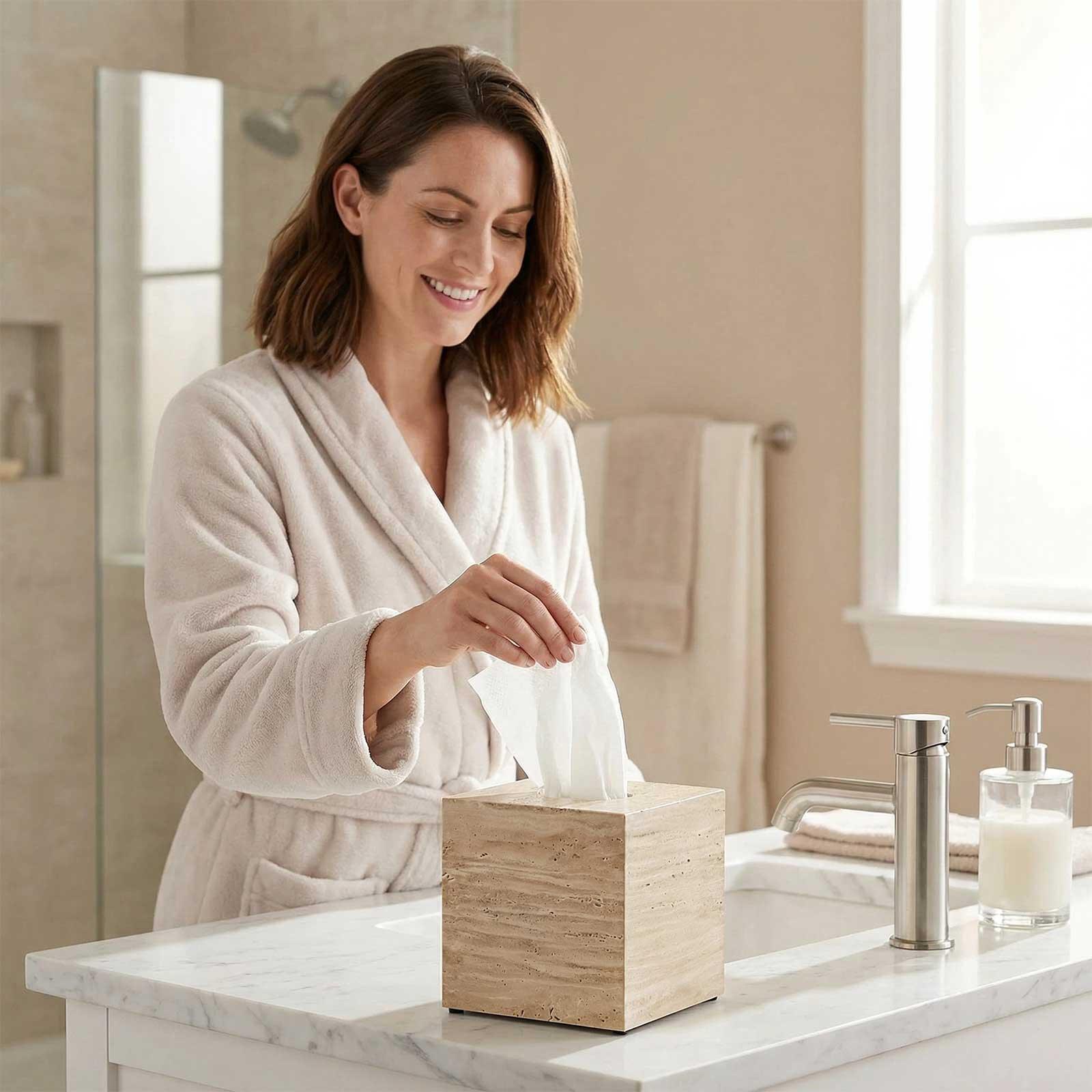 AUSAULAC Genuine Marble Tissue Box - Luxury Natural Stone Tissue Cover for Modern Home Decor, Office Desk, and Kitchen Countertop - Ausaulac