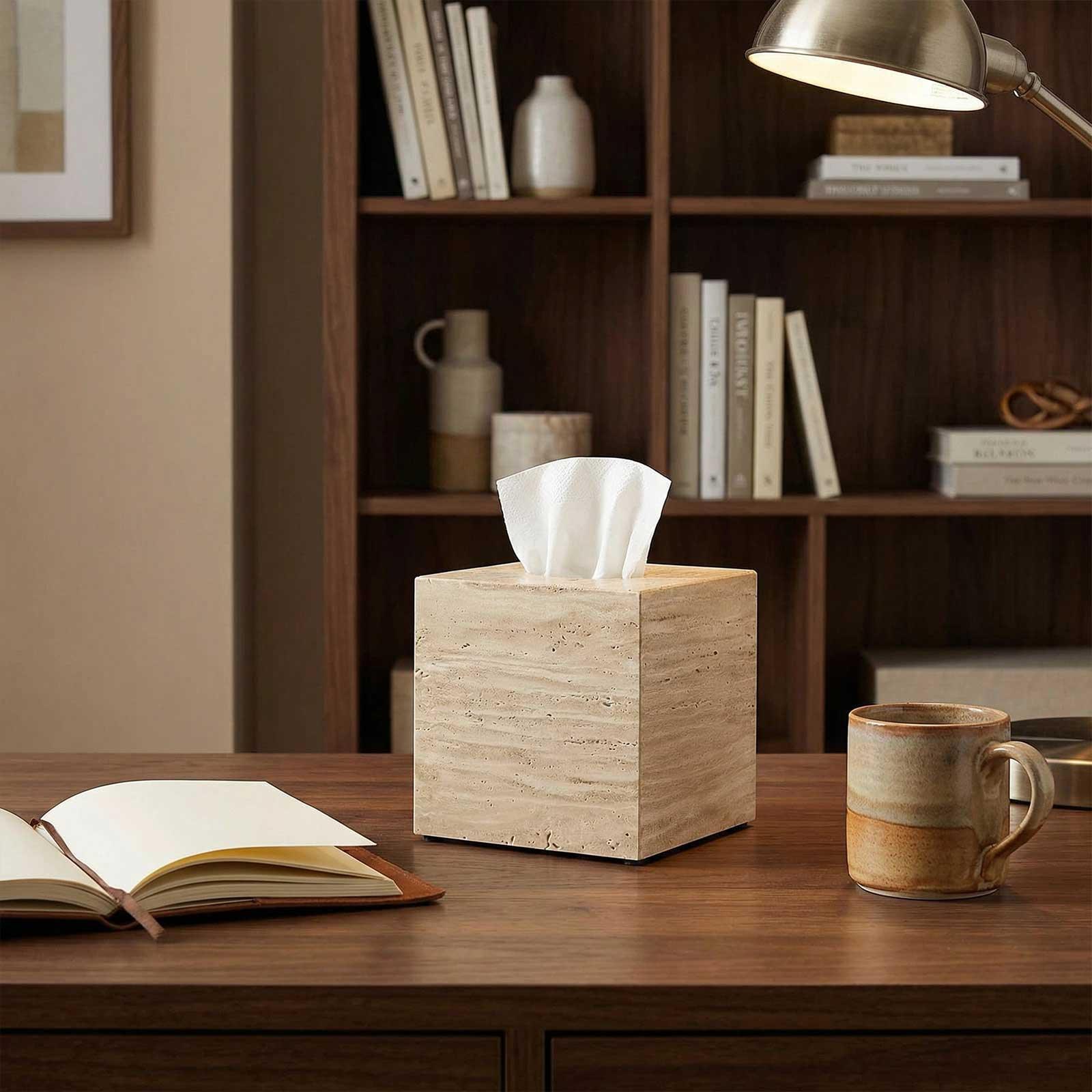 AUSAULAC Genuine Marble Tissue Box - Luxury Natural Stone Tissue Cover for Modern Home Decor, Office Desk, and Kitchen Countertop - Ausaulac